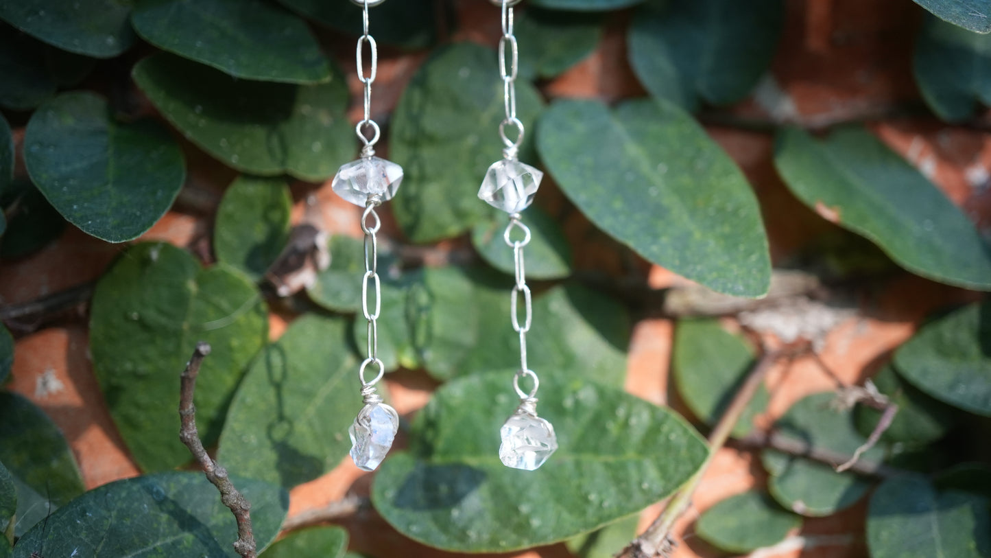 Silver Wanderlust Crystal Huggers || 925 Sterling Silver Clear Quartz & Herkimer Diamond || Bridal Earrings || Bridal Jewelry | Silver Hoops
