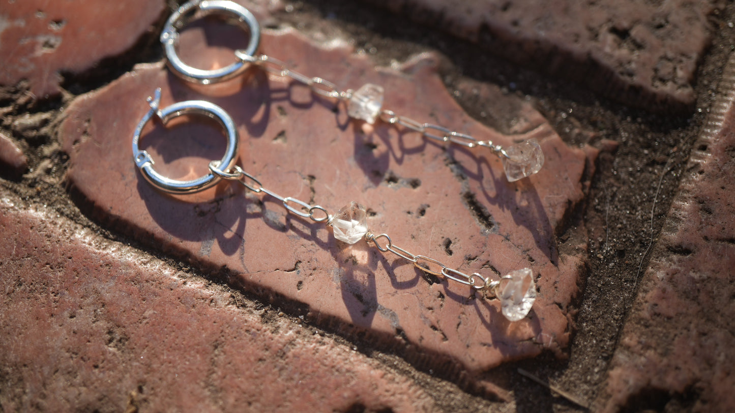 Silver Wanderlust Crystal Huggers || 925 Sterling Silver Clear Quartz & Herkimer Diamond || Bridal Earrings || Bridal Jewelry | Silver Hoops