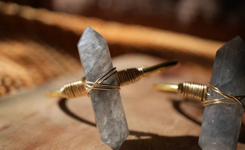 Smokey Clouded Quartz Cuff Bracelet Golf Filled || Adjustable Double Point Crystal Bracelet || Crystal Cuff || Brass + Gold Filled