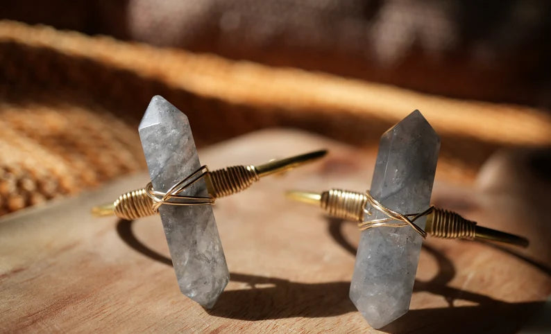 Smokey Clouded Quartz Cuff Bracelet Golf Filled || Adjustable Double Point Crystal Bracelet || Crystal Cuff || Brass + Gold Filled