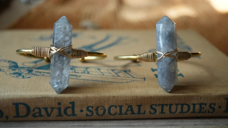 Smokey Clouded Quartz Cuff Bracelet Golf Filled || Adjustable Double Point Crystal Bracelet || Crystal Cuff || Brass + Gold Filled
