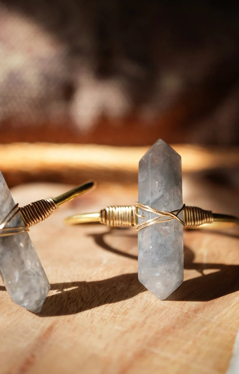 Smokey Clouded Quartz Cuff Bracelet Golf Filled || Adjustable Double Point Crystal Bracelet || Crystal Cuff || Brass + Gold Filled