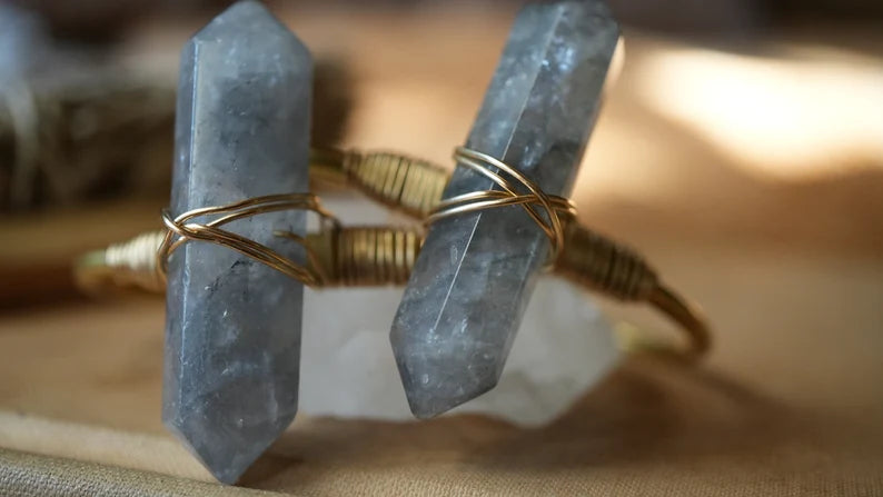 Smokey Clouded Quartz Cuff Bracelet Golf Filled || Adjustable Double Point Crystal Bracelet || Crystal Cuff || Brass + Gold Filled