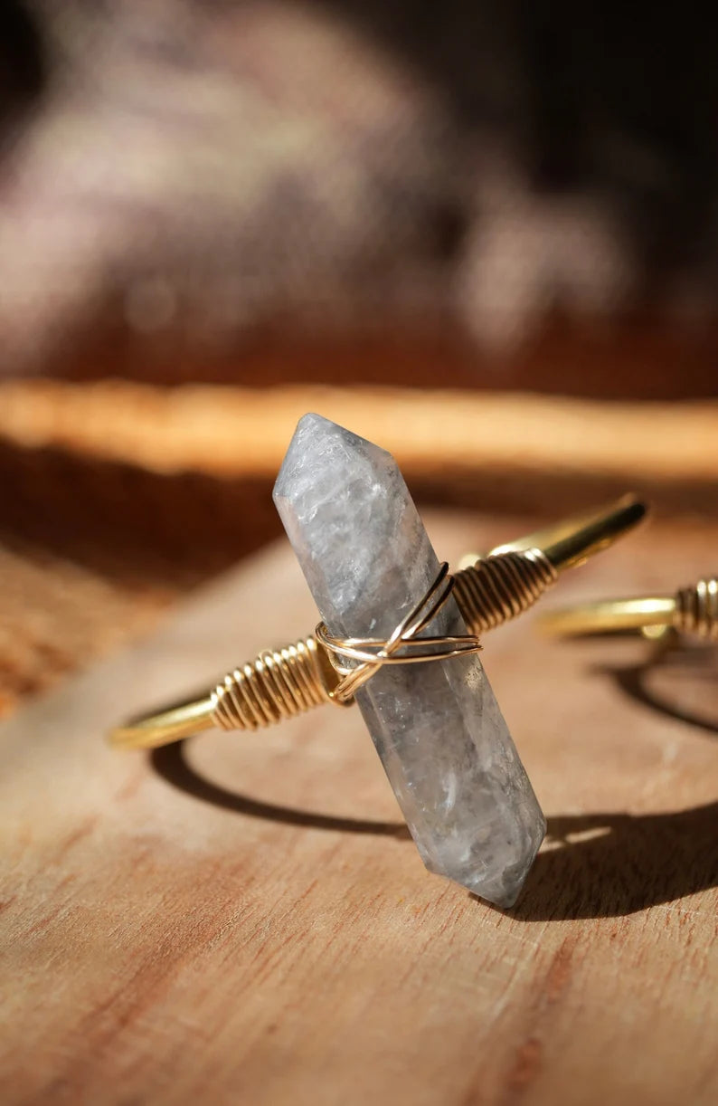 Smokey Clouded Quartz Cuff Bracelet Golf Filled || Adjustable Double Point Crystal Bracelet || Crystal Cuff || Brass + Gold Filled