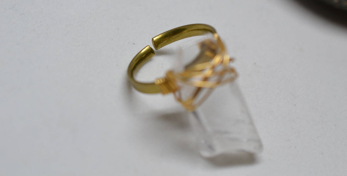 Adjustable Clear Quartz Crystal Brass Wire Wrapped Ring || April Birthstone