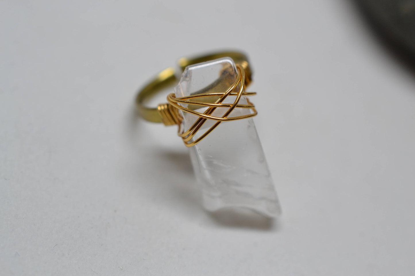 Adjustable Clear Quartz Crystal Brass Wire Wrapped Ring || April Birthstone