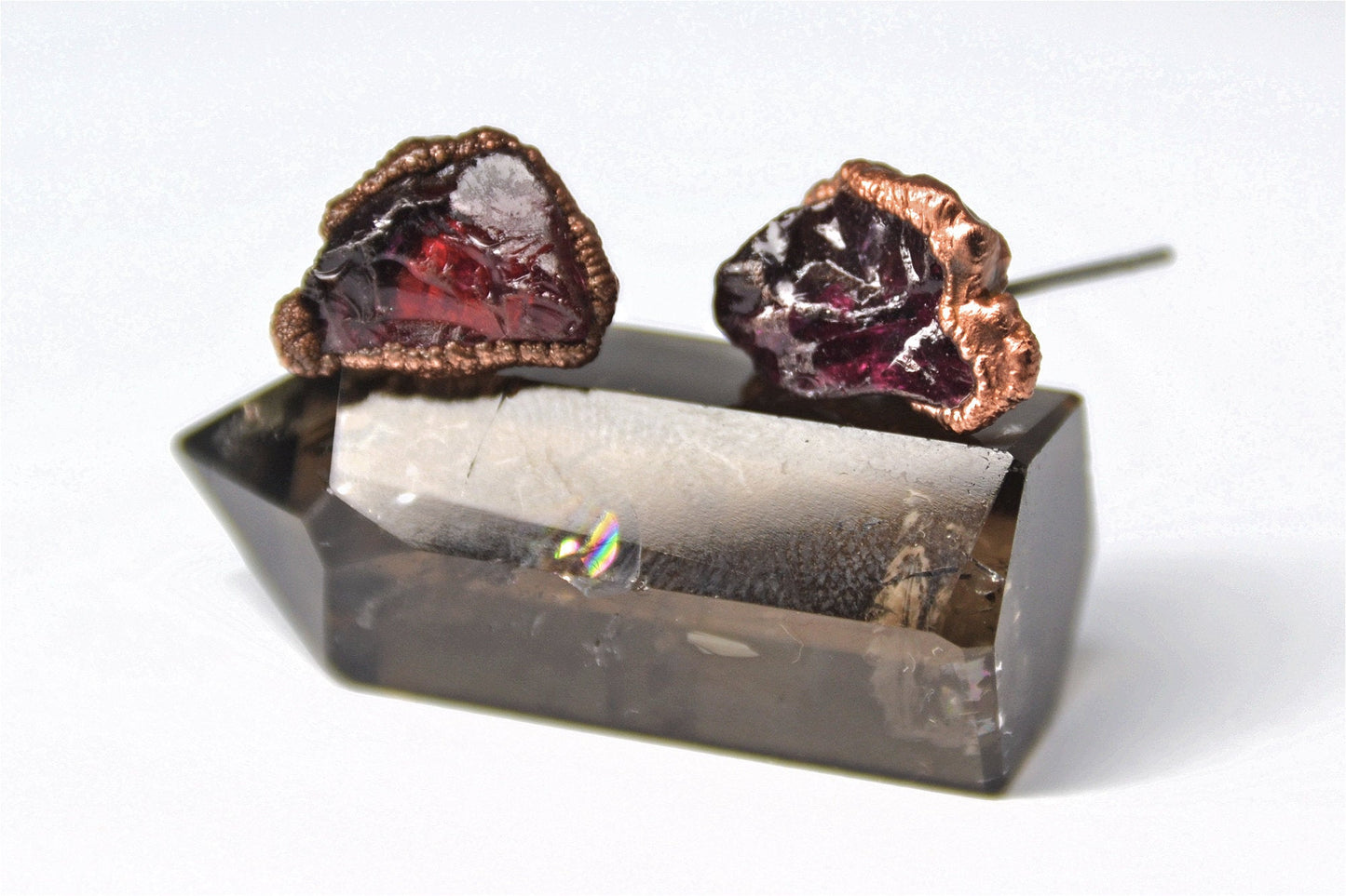 Raw Red Garnet Copper Studs | Mineral Earrings | Crystal Studs | January Earrings