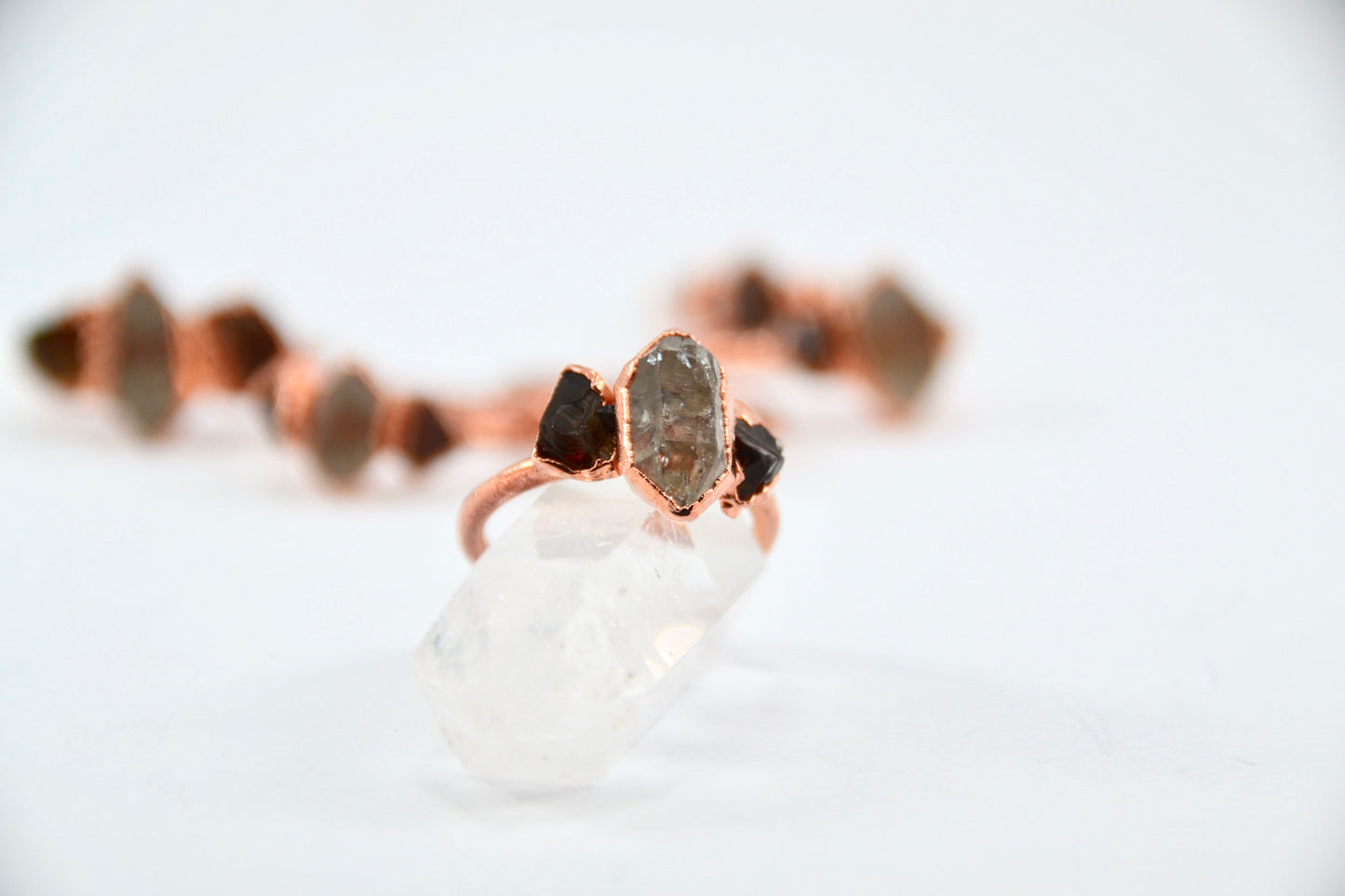 Copper Citrine & Herkimer Diamond Ring || April & November Birthstone