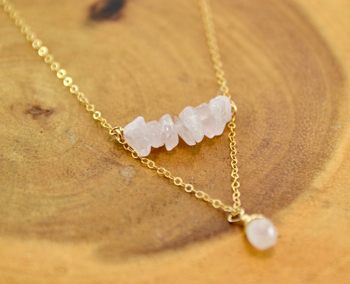 Rose Quartz & Moonstone Crystal Necklace | 14K Gold Filled Necklace |