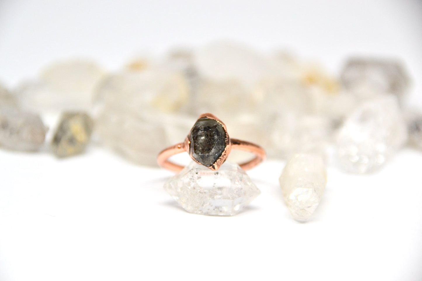 Dark Herkimer Diamond Ring | Tibetan Quartz || April Birthstone