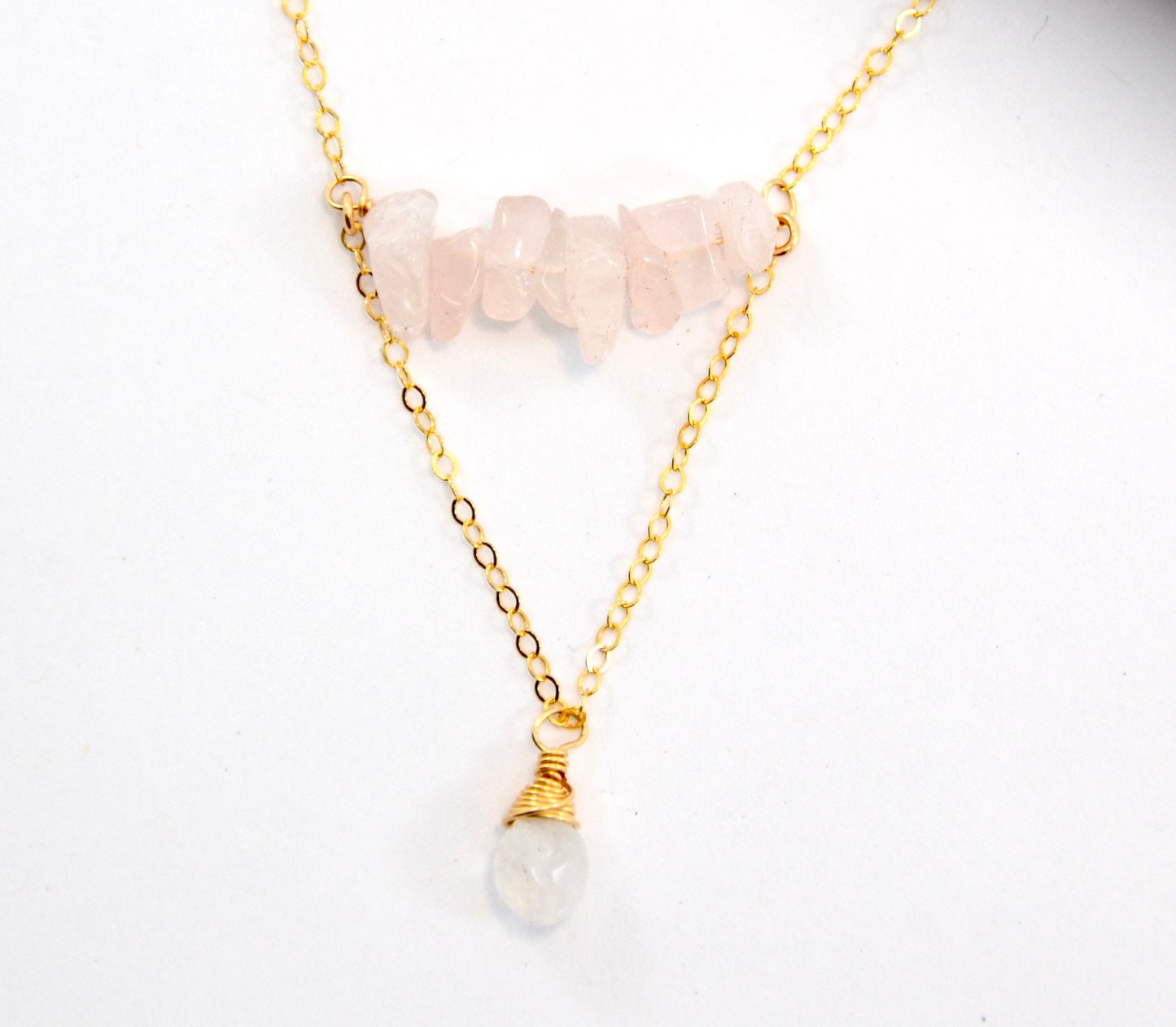 Rose Quartz & Moonstone Crystal Necklace | 14K Gold Filled Necklace |