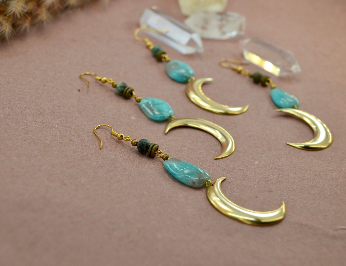 Dangling Crescent Moon Earrings || Turquoise Moon Earrings || Amazonite Earrings