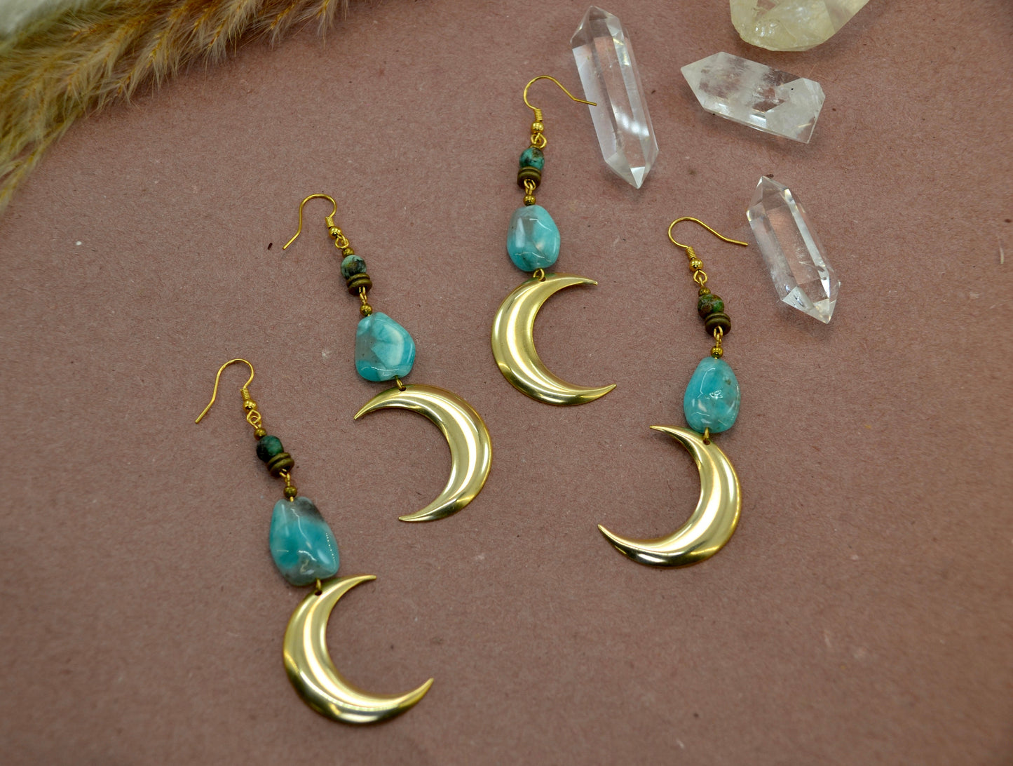 Dangling Crescent Moon Earrings || Turquoise Moon Earrings || Amazonite Earrings