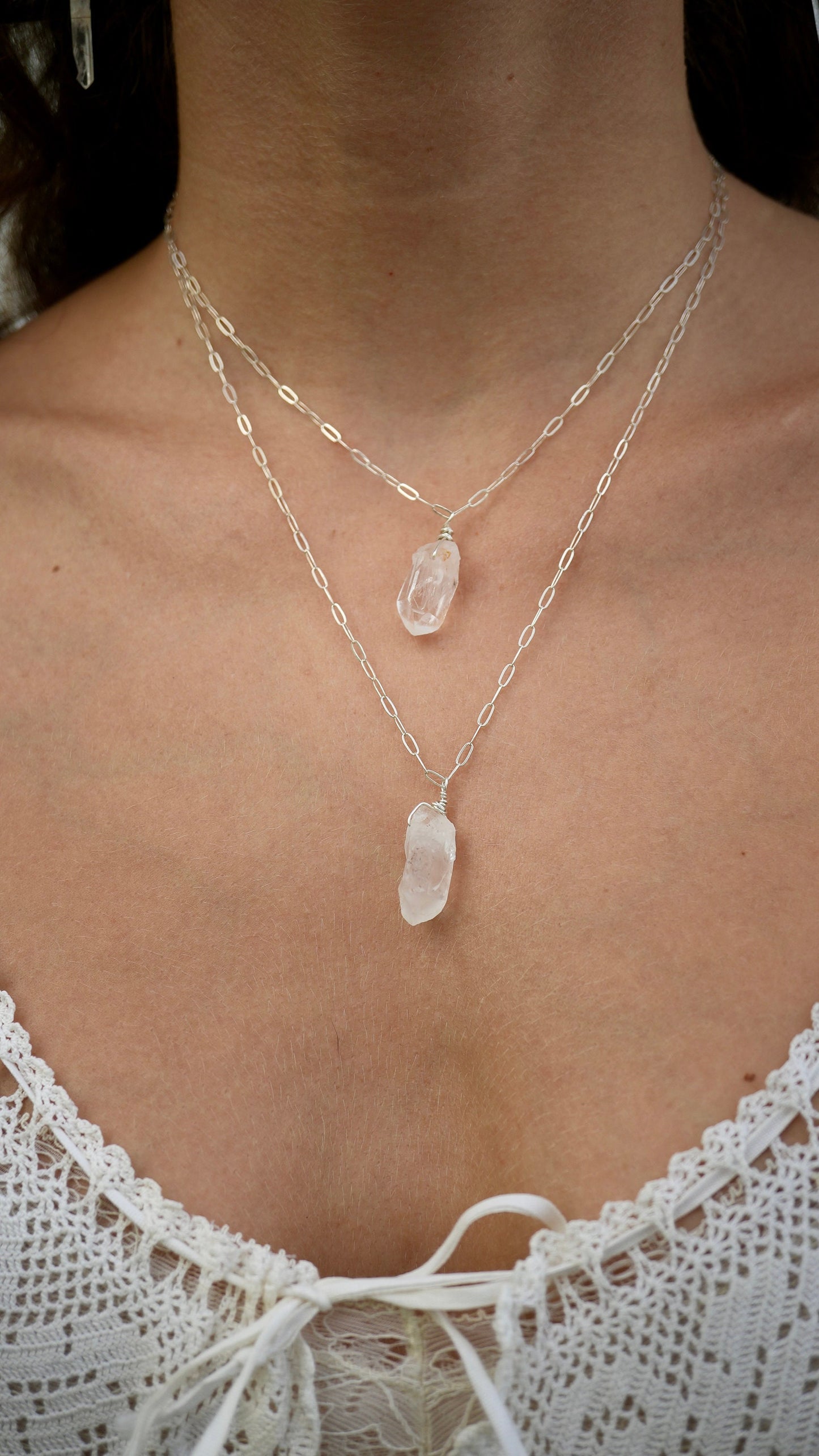 Rough Quartz Necklace || Paperclip Sterling Silver Chain || Raw Quartz Gemstone Necklace
