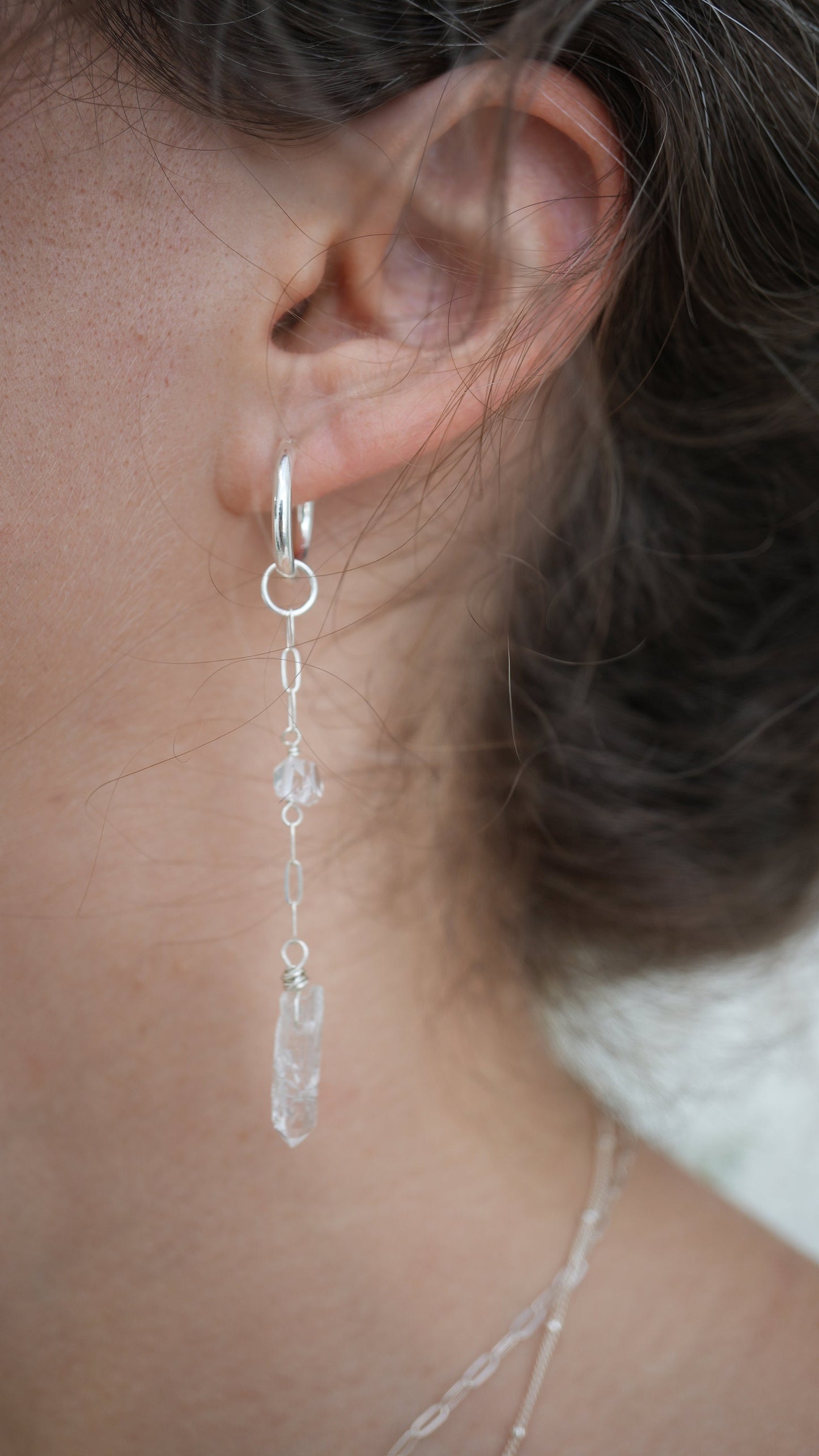 Long Silver Wanderlust Crystal Huggers | 925 Sterling Clear Quartz & Herkimer Diamond | Bridal Earrings | Bridal Jewelry | Silver Hoops