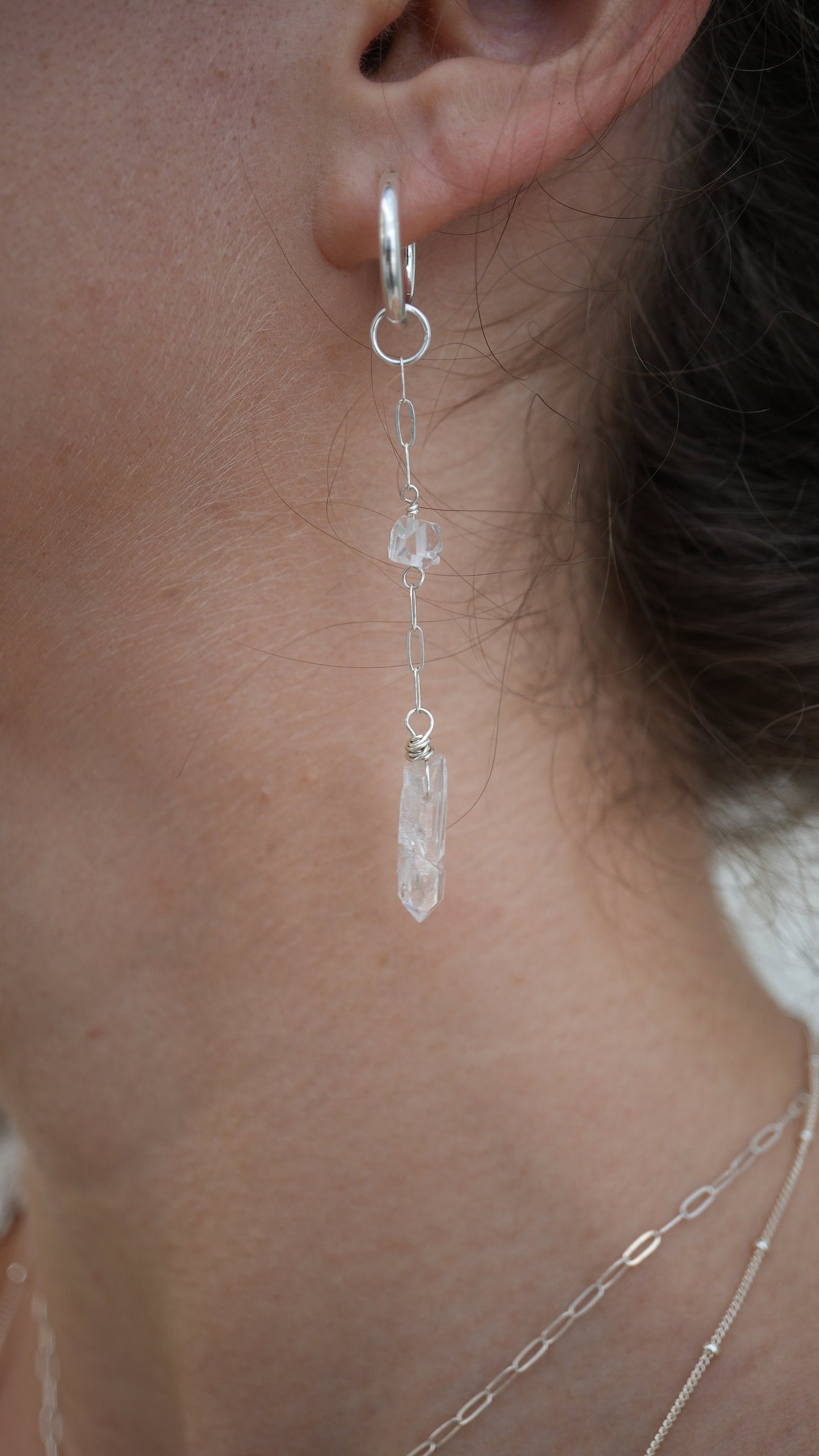 Long Silver Wanderlust Crystal Huggers | 925 Sterling Clear Quartz & Herkimer Diamond | Bridal Earrings | Bridal Jewelry | Silver Hoops