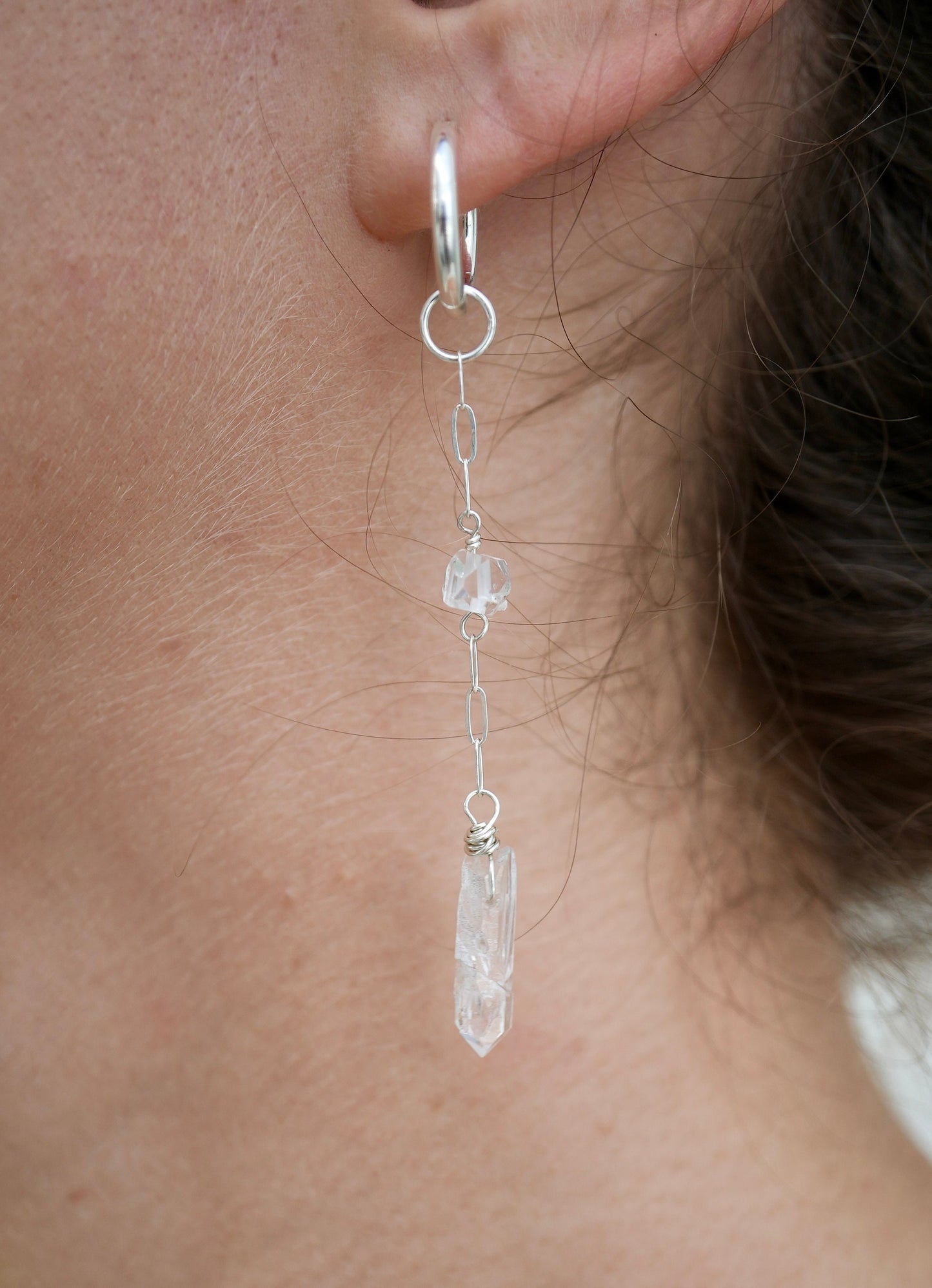 Long Silver Wanderlust Crystal Huggers | 925 Sterling Clear Quartz & Herkimer Diamond | Bridal Earrings | Bridal Jewelry | Silver Hoops