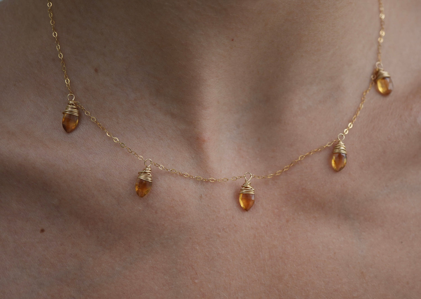 Gold Citrine Choker Raindrop Necklace | Gold Filled Citrine Collar Necklace | 14K GF Necklace