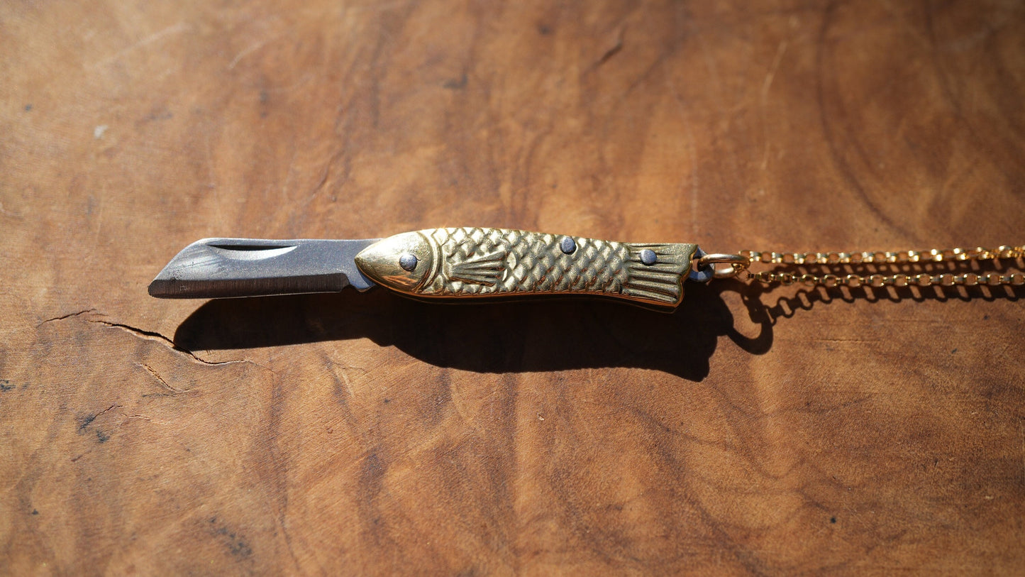 Mini Fish Knife Necklace | Brass Pocket Knife Necklace | Blade Necklace || Brass Knife Necklace | Real Knife Necklace | Unisex 14K GF Chain
