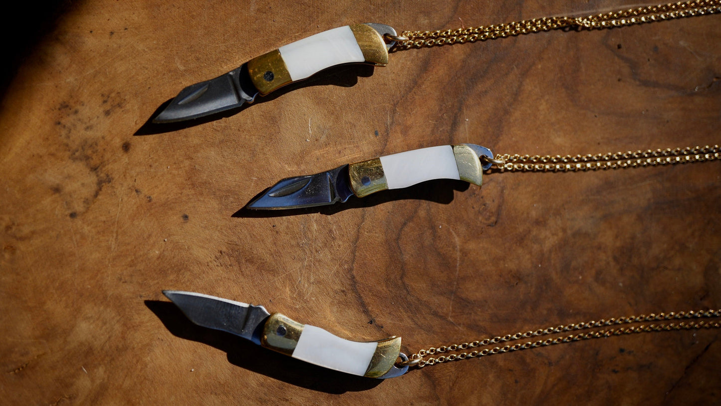 White Shell Knife Necklace || Shell Pocket Knife Necklace || Abalone Blade Necklace || Brass Knife Necklace || Real Knife Necklace || Unisex