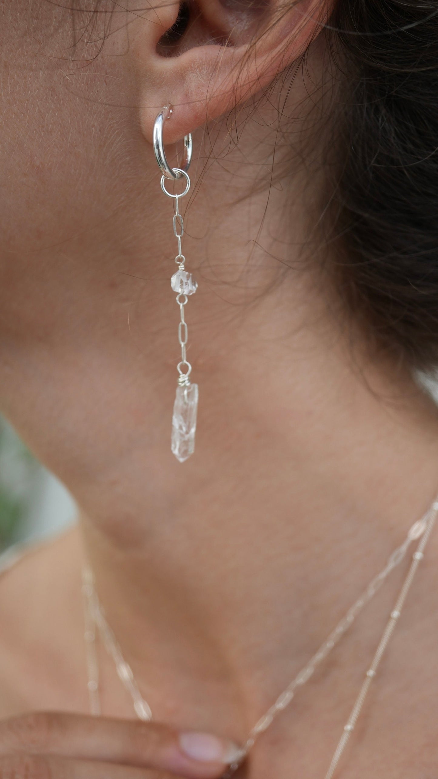 Long Silver Wanderlust Crystal Huggers | 925 Sterling Clear Quartz & Herkimer Diamond | Bridal Earrings | Bridal Jewelry | Silver Hoops