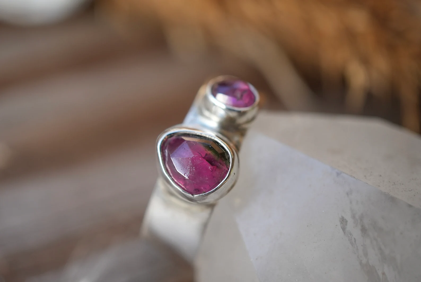 Watermelon Tourmaline two stone Ring || Statement Ring || Pink Tourmaline Ring || Green Tourmaline Rose Cut