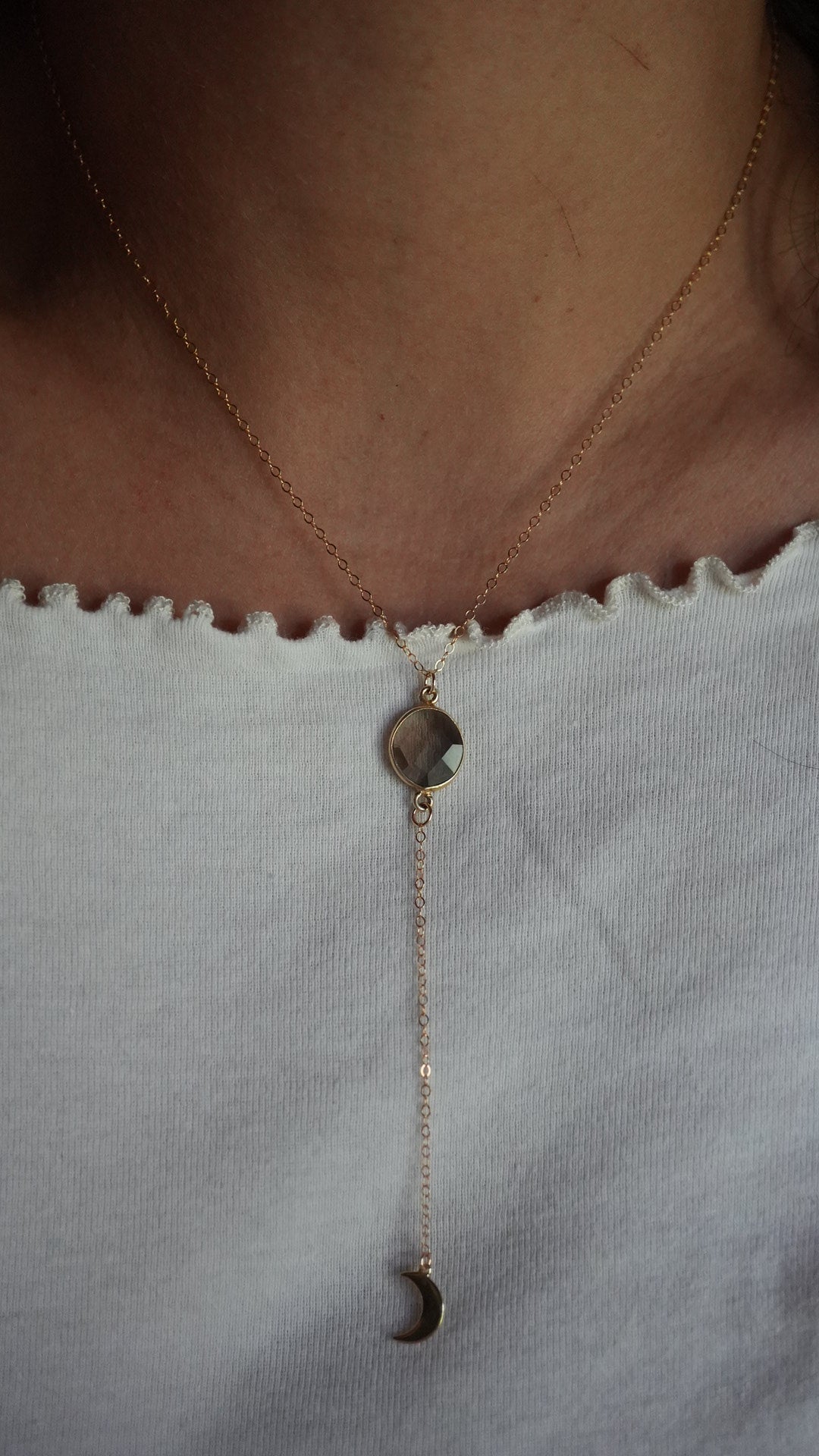 Gold Filled Smokey Quartz Crescent Moon Necklace || Layering Necklace