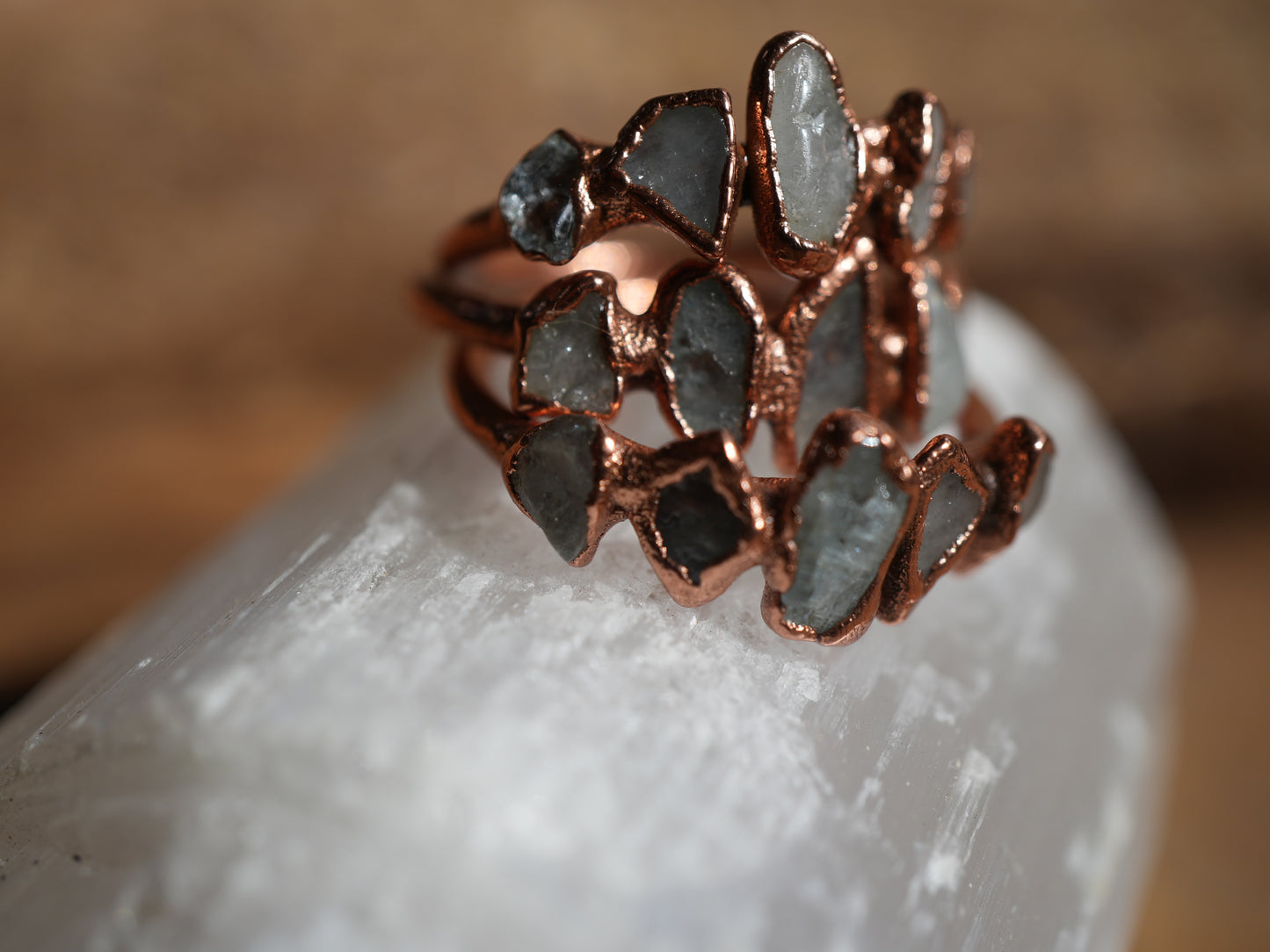 Multi - Stone Raw Aquamarine Ring || Copper Aquamarine Ring || Rough March Ring || March Birthstone Ring || Electroformed Ring