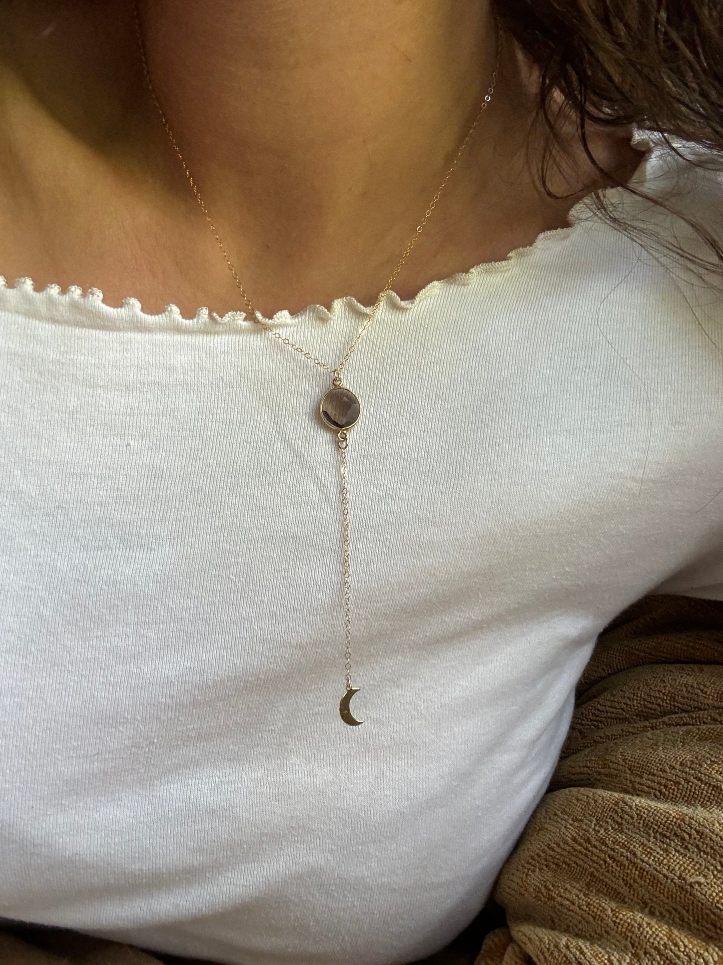 Gold Filled Smokey Quartz Crescent Moon Necklace || Layering Necklace