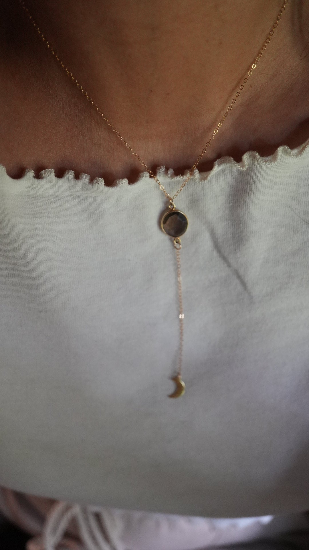Gold Filled Smokey Quartz Crescent Moon Necklace || Layering Necklace