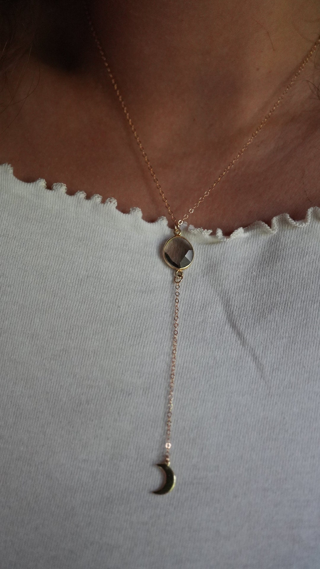 Gold Filled Smokey Quartz Crescent Moon Necklace || Layering Necklace