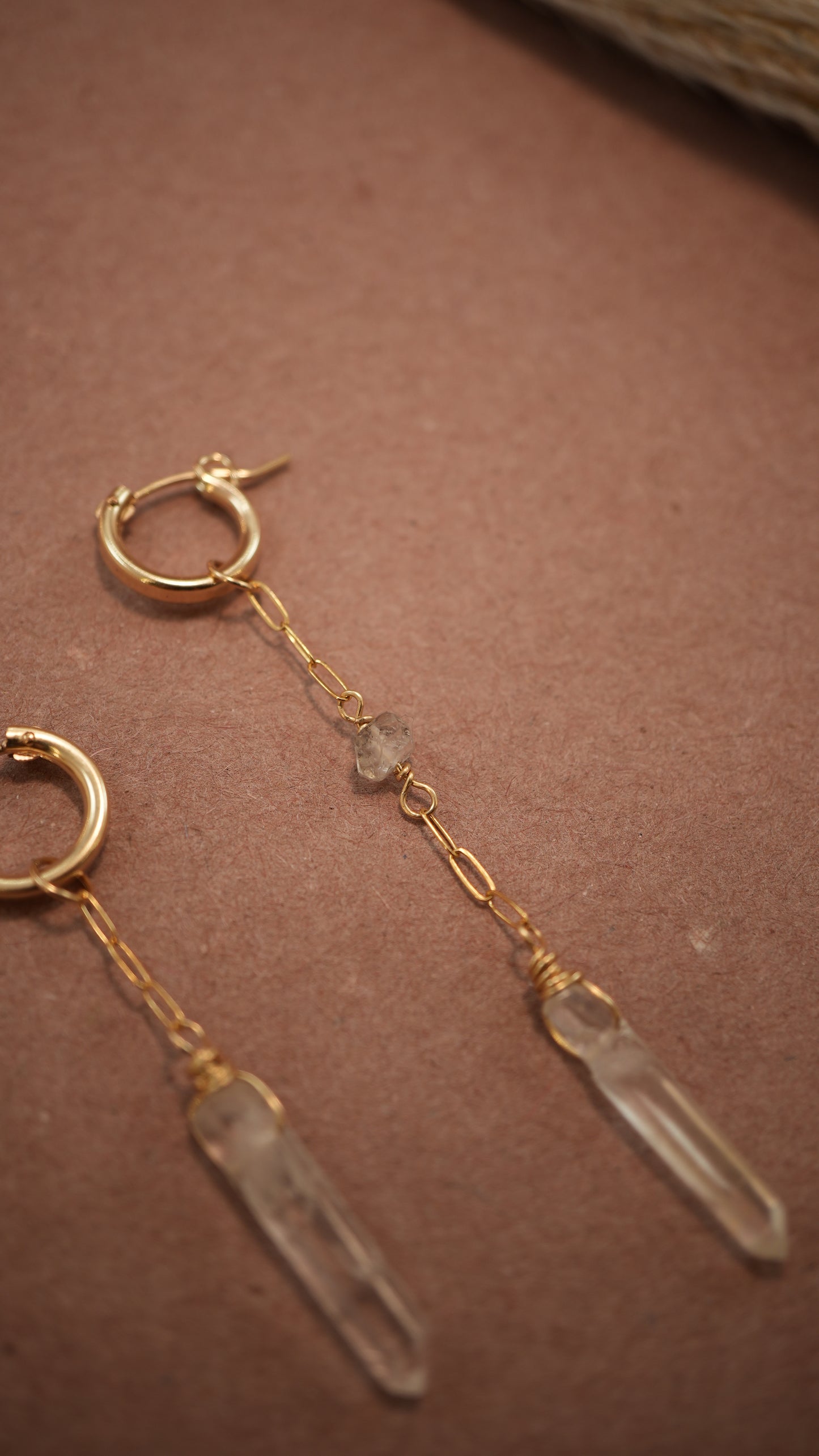 Sunburst Huggers 14K Gold Filled Clear Quartz & Herkimer Diamond || Asymmetrical Earrings ||