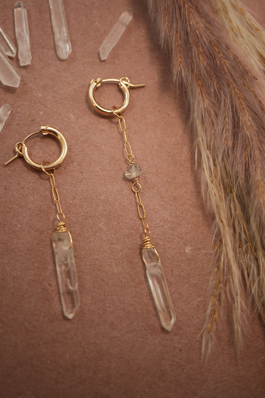 Sunburst Huggers 14K Gold Filled Clear Quartz & Herkimer Diamond || Asymmetrical Earrings ||