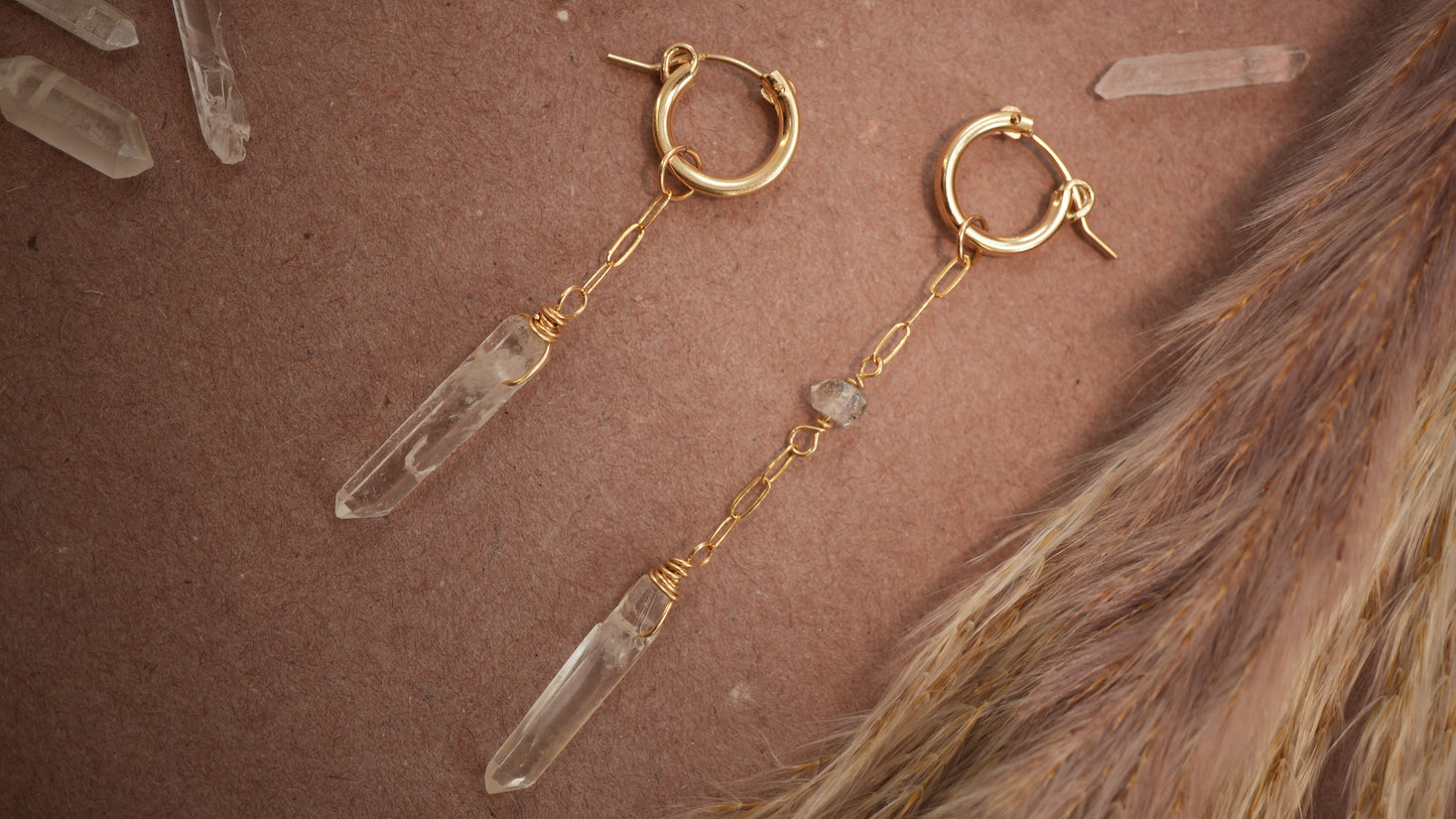 Sunburst Huggers 14K Gold Filled Clear Quartz & Herkimer Diamond || Asymmetrical Earrings ||