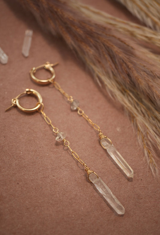 Gold Wanderlust Crystal Huggers || 14K Gold Filled Clear Quartz & Herkimer Diamond