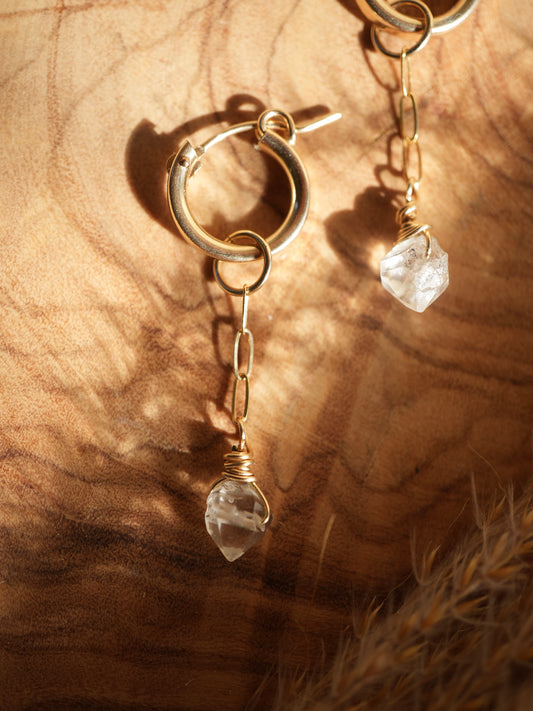 Gold Starlight Herkimer Diamond Hoop Earrings || 14K Gold Filled Herkimer Diamond Huggers || Bridal Earrings || Bridesmaid Hoops