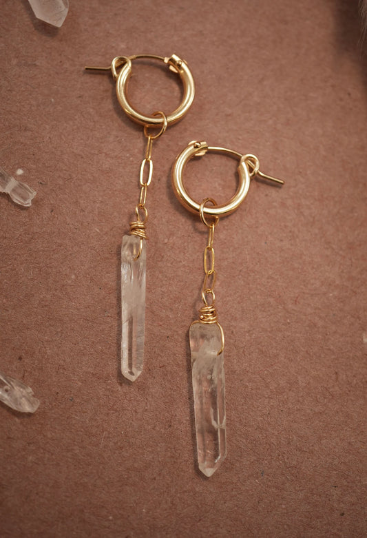 Starlight Huggers Small || 14K Gold Filled Clear Quartz Hoops ||Everyday Crystal Earrings