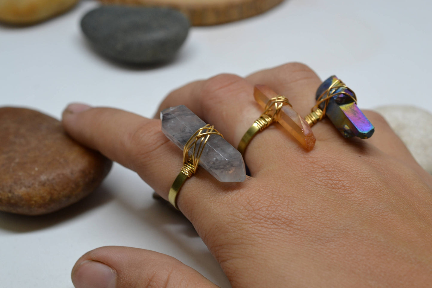 Adjustable Clear Quartz Crystal Brass Wire Wrapped Ring || April Birthstone