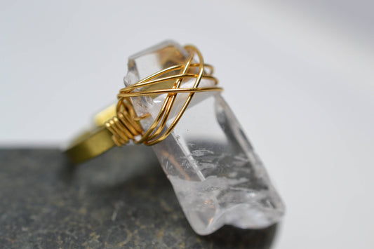 Adjustable Clear Quartz Crystal Brass Wire Wrapped Ring || April Birthstone