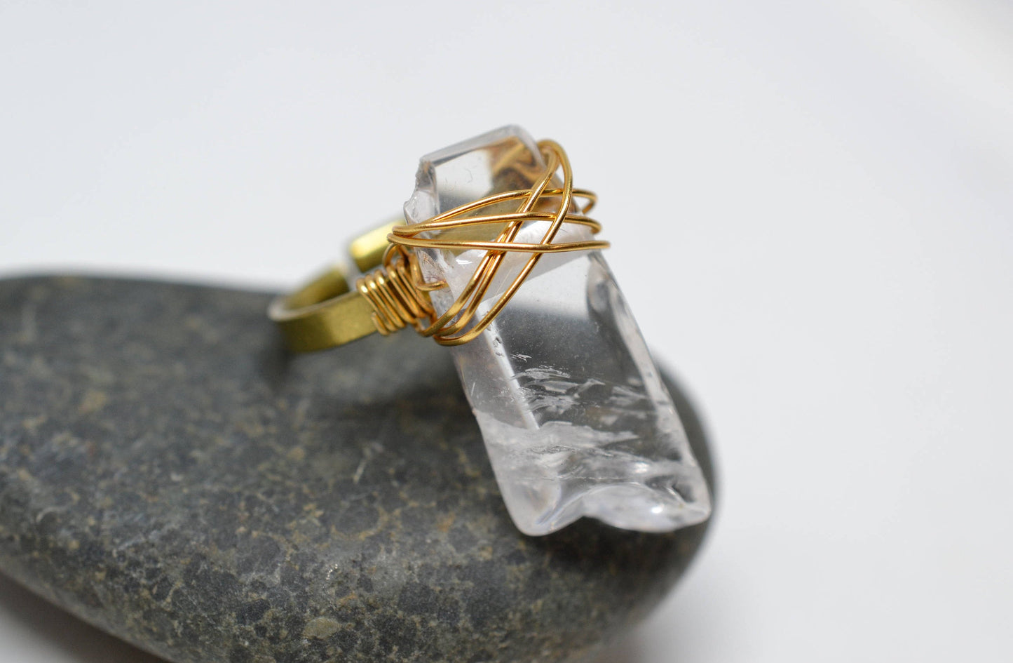 Adjustable Clear Quartz Crystal Brass Wire Wrapped Ring || April Birthstone