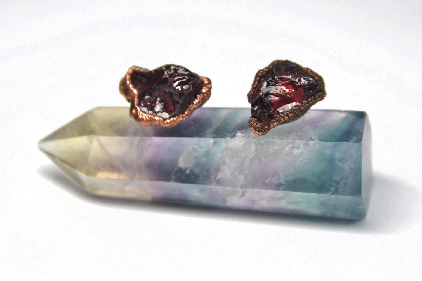 Raw Red Garnet Copper Studs | Mineral Earrings | Crystal Studs | January Earrings
