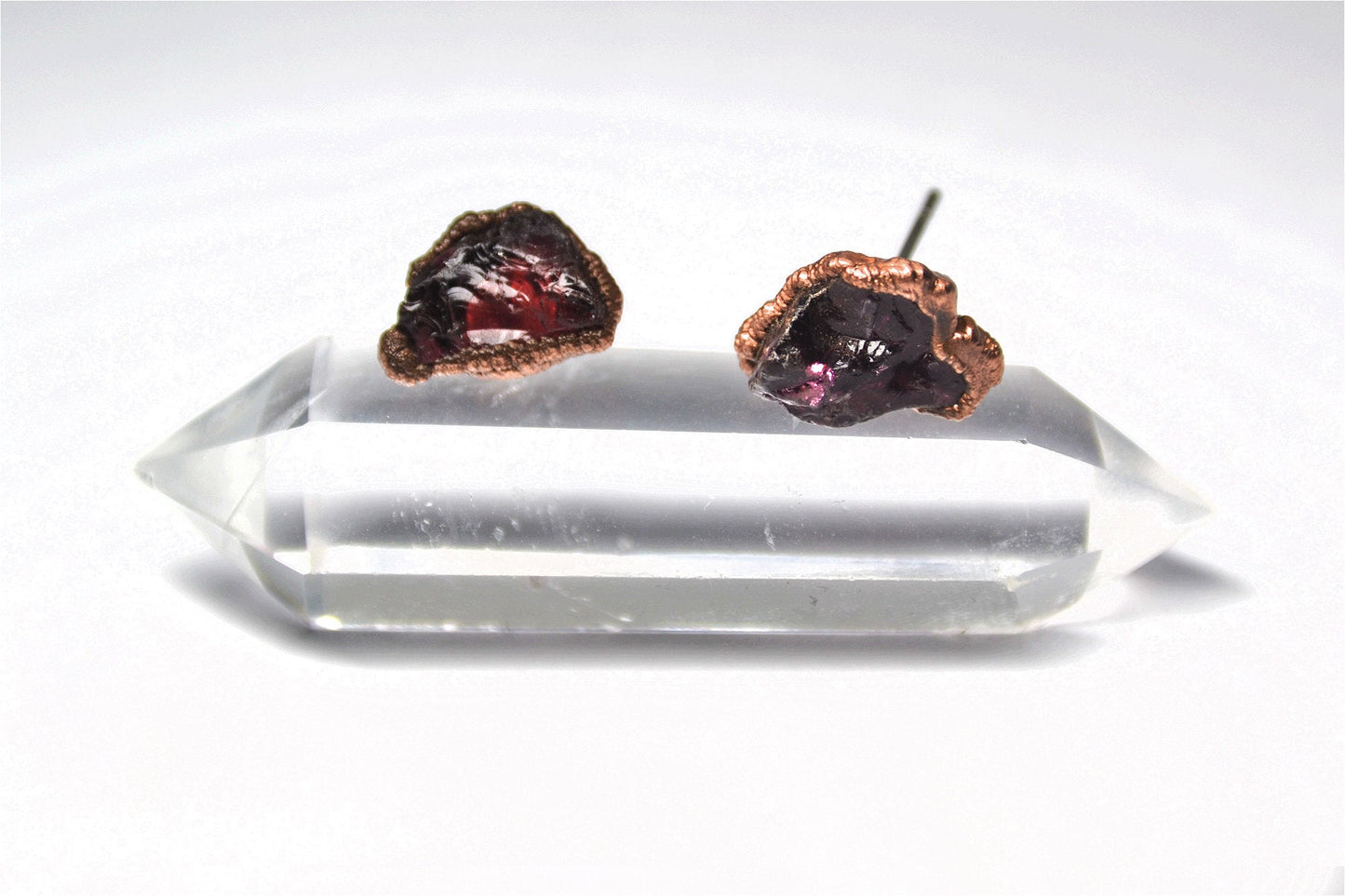 Raw Red Garnet Copper Studs | Mineral Earrings | Crystal Studs | January Earrings