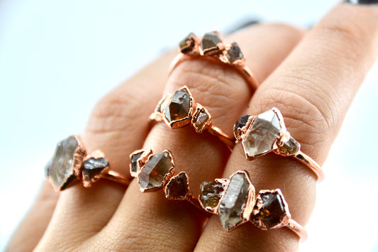 Copper Citrine & Herkimer Diamond Ring || April & November Birthstone