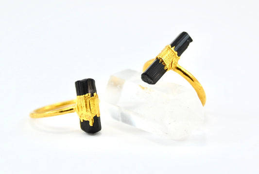 Gold Raw Black Tourmaline Ring || Grounding Stone