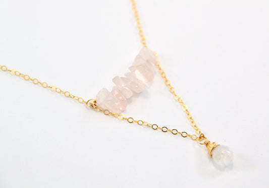 Rose Quartz & Moonstone Crystal Necklace | 14K Gold Filled Necklace |