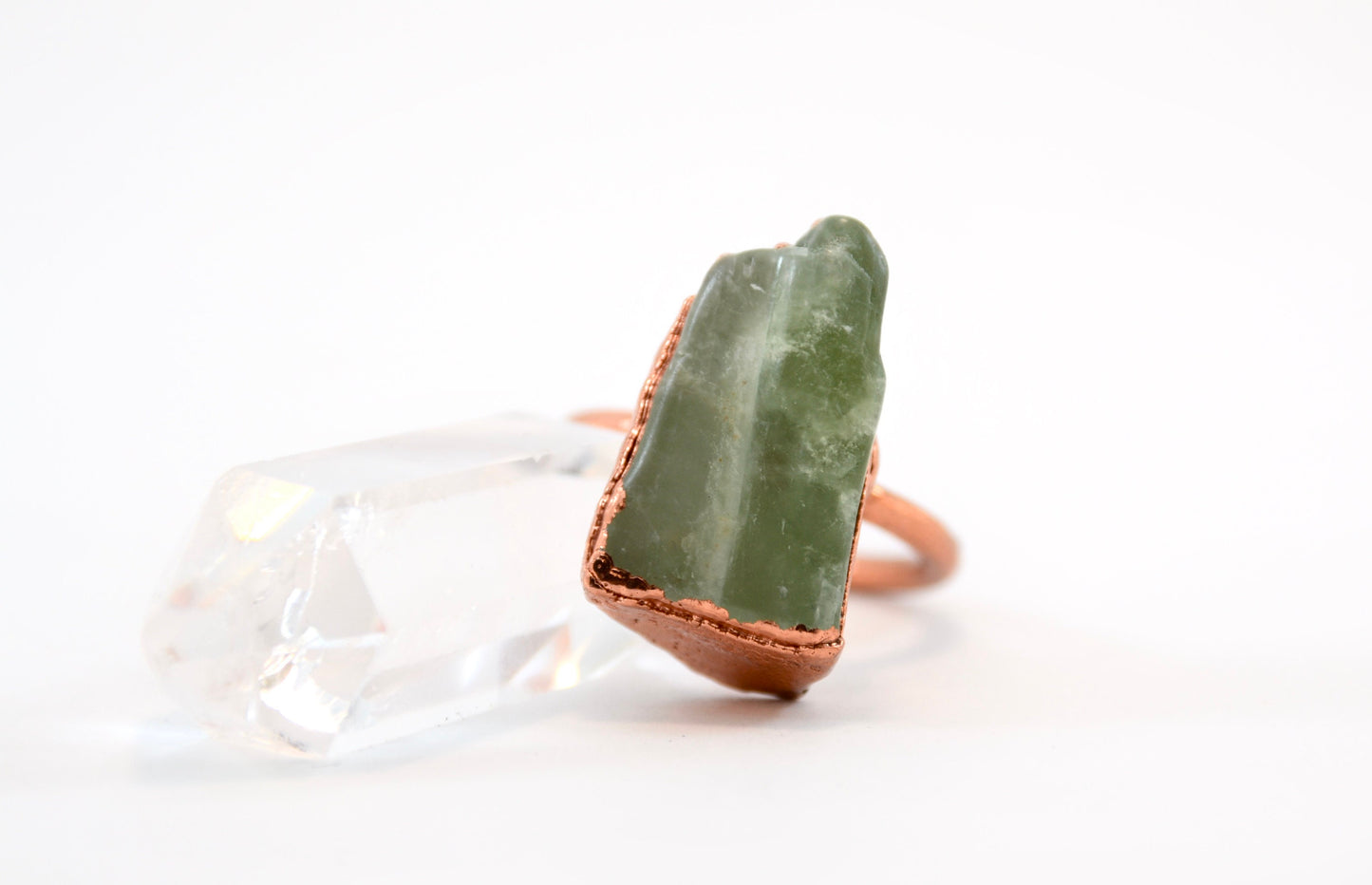 Raw Calcite Copper Ring | Mineral Stone Ring | Green Calcite Copper Ring