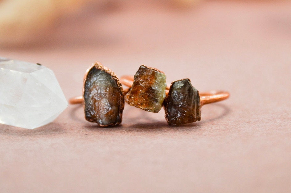 Raw Sunstone Copper Stone Ring || Raw Sunstone Ring ||