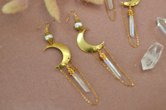 Crescent Moon Earrings || Dangling Moon Earrings || Angel Aura Quartz Earrings || Statement Earrings ||
