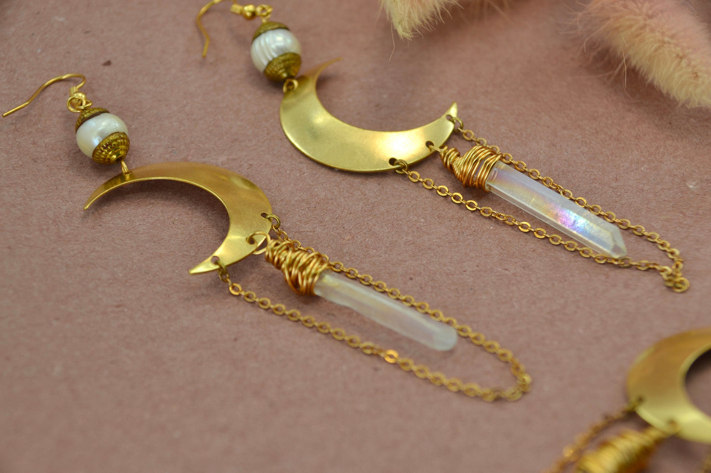 Crescent Moon Earrings || Dangling Moon Earrings || Angel Aura Quartz Earrings || Statement Earrings ||