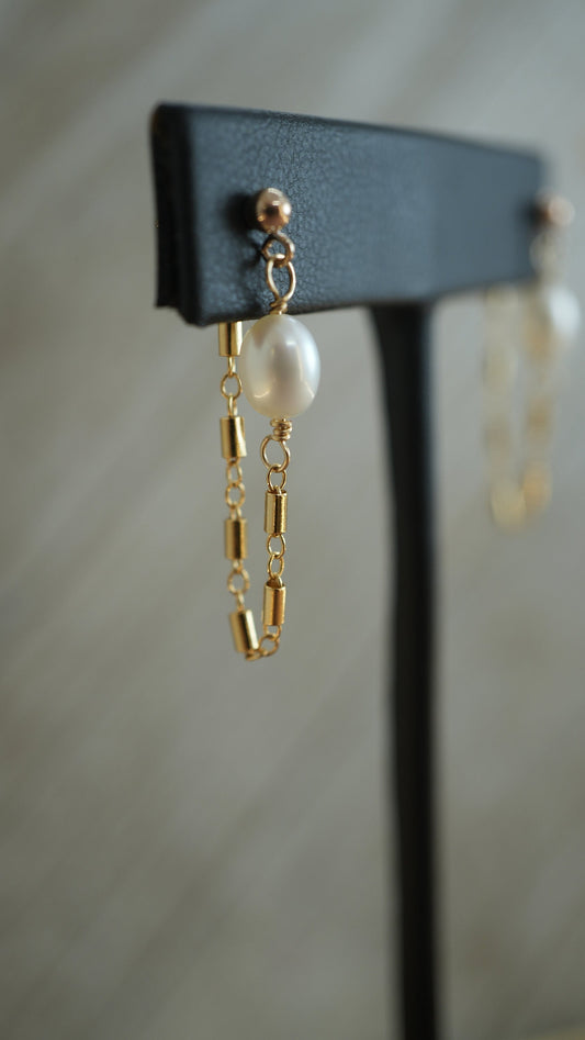 Gold Pearl Post Chain Hoops ||  14K Gold Filled Earrings || Dangling Pearl Earrings